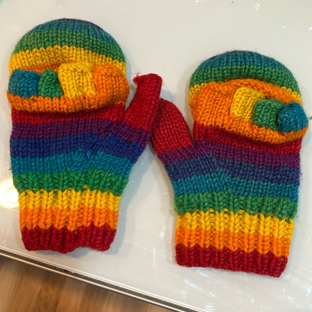 Pair Of Multi Colored Wool Rainbow Mittens Rainbow Pride Unisex